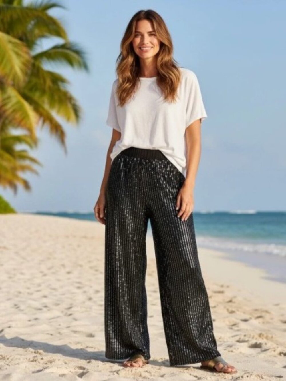 Anne Klein Women's L Black Full Sequin Wide Leg Pants  Holiday Date Sexy